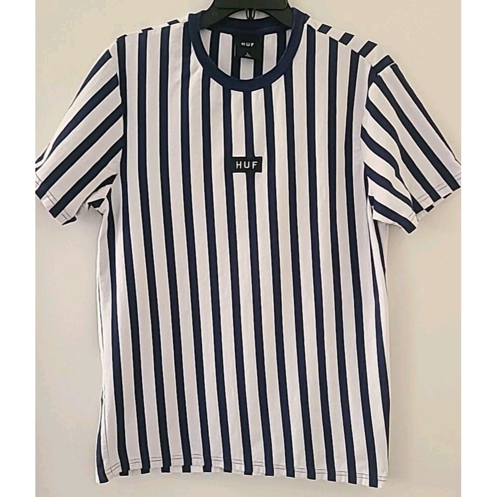 Huf Men’s Blue White Striped T Shirt Size Large Streetwear Casual College